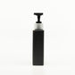 Black soap dispenser with pump on a white background