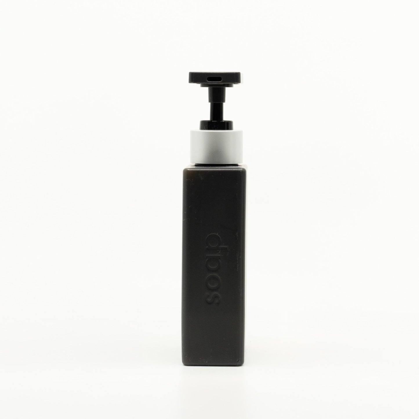 Black soap dispenser with pump on a white background