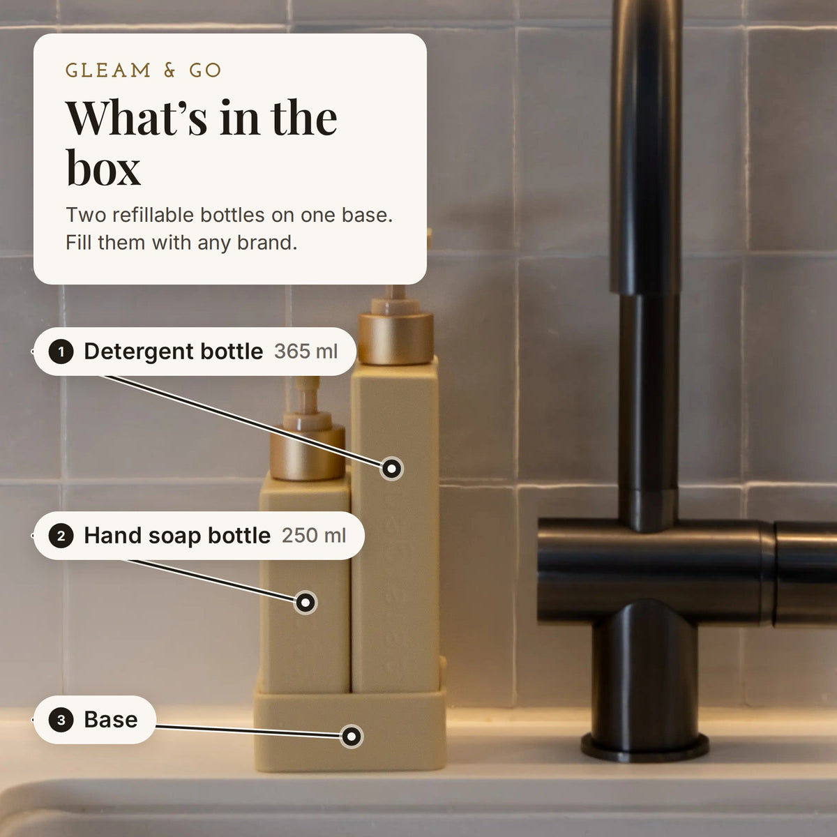 What's in the Gleam & Go box: 365 ml detergent bottle, 250 ml hand soap bottle and base