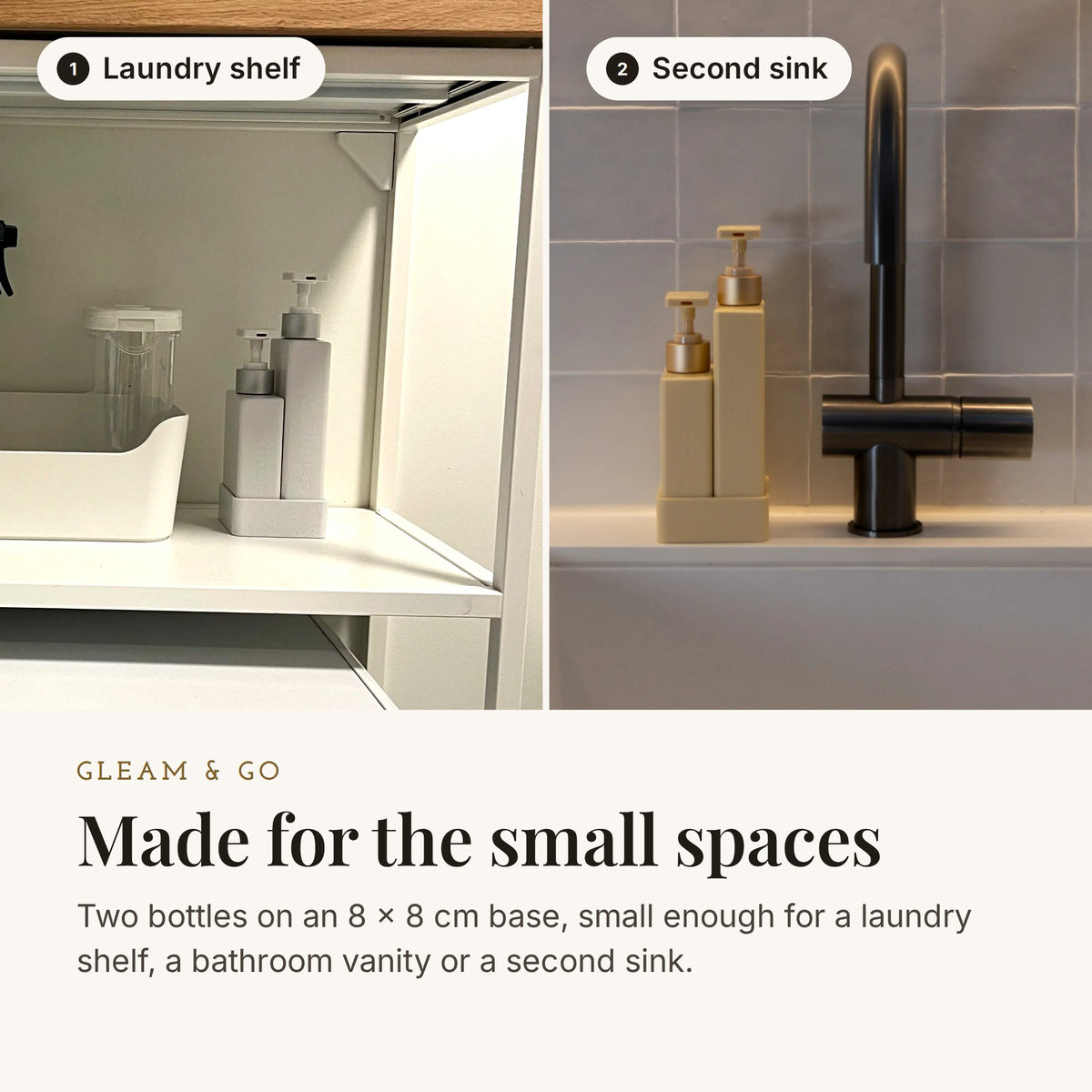 Gleam & Go on a laundry shelf and beside a second sink: two bottles on an 8 by 8 cm base